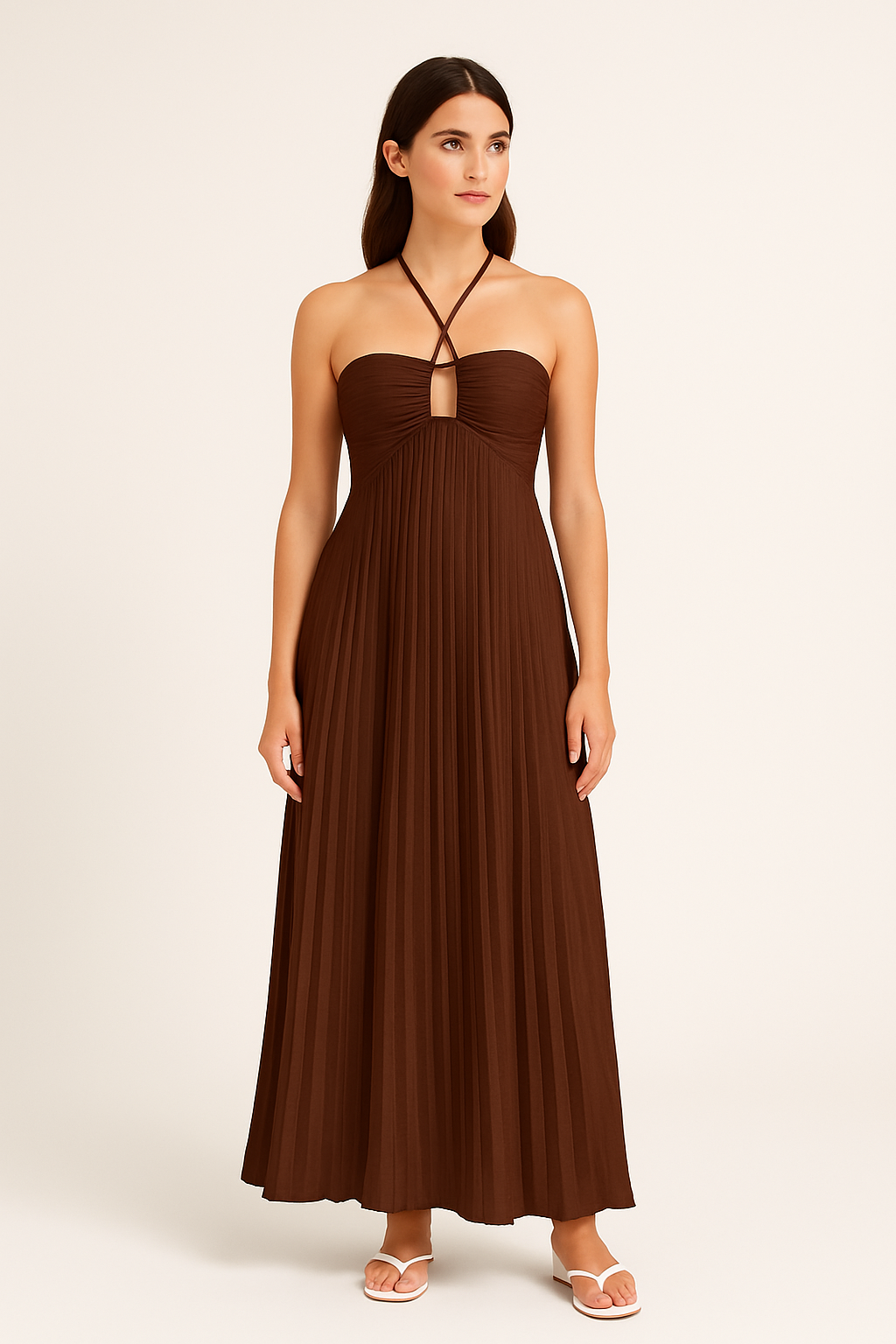Halter Neck Maxi Dress – Pleated Skirt and Bust Cut-Out for Women