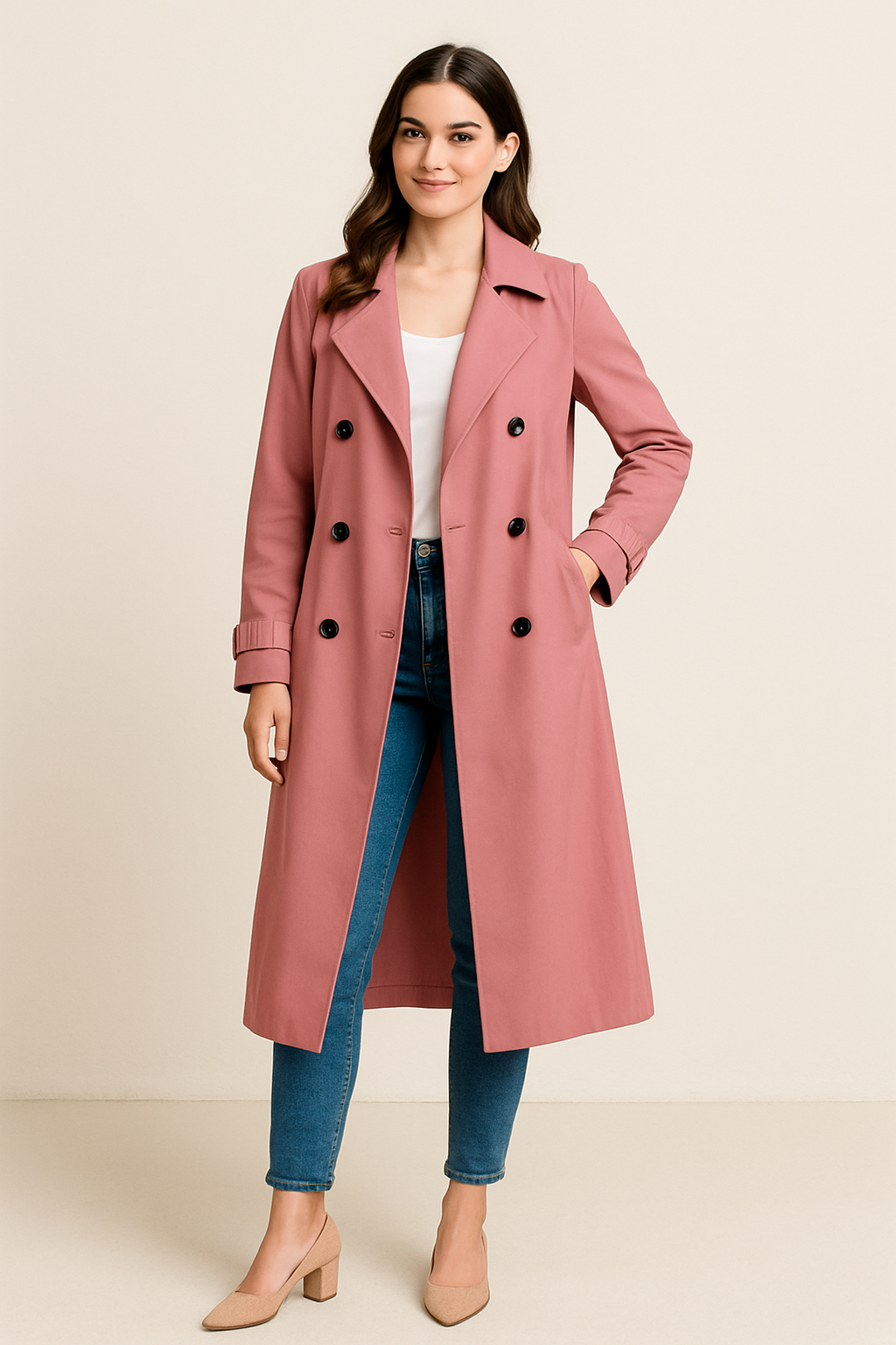 Long Double-Breasted Trench Coat with Wide Lapel – Tailored Fit