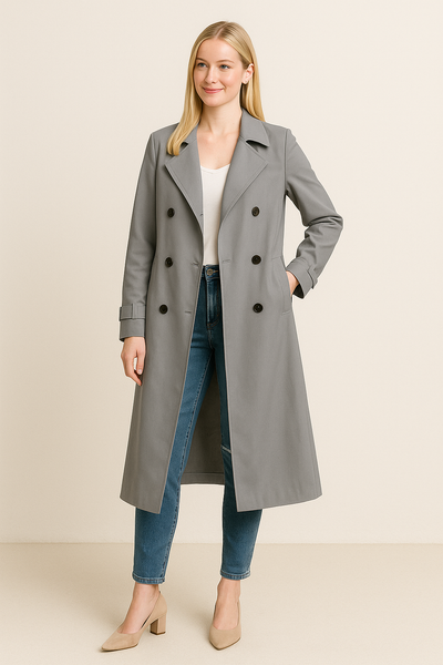 Long Double-Breasted Trench Coat with Wide Lapel – Tailored Fit
