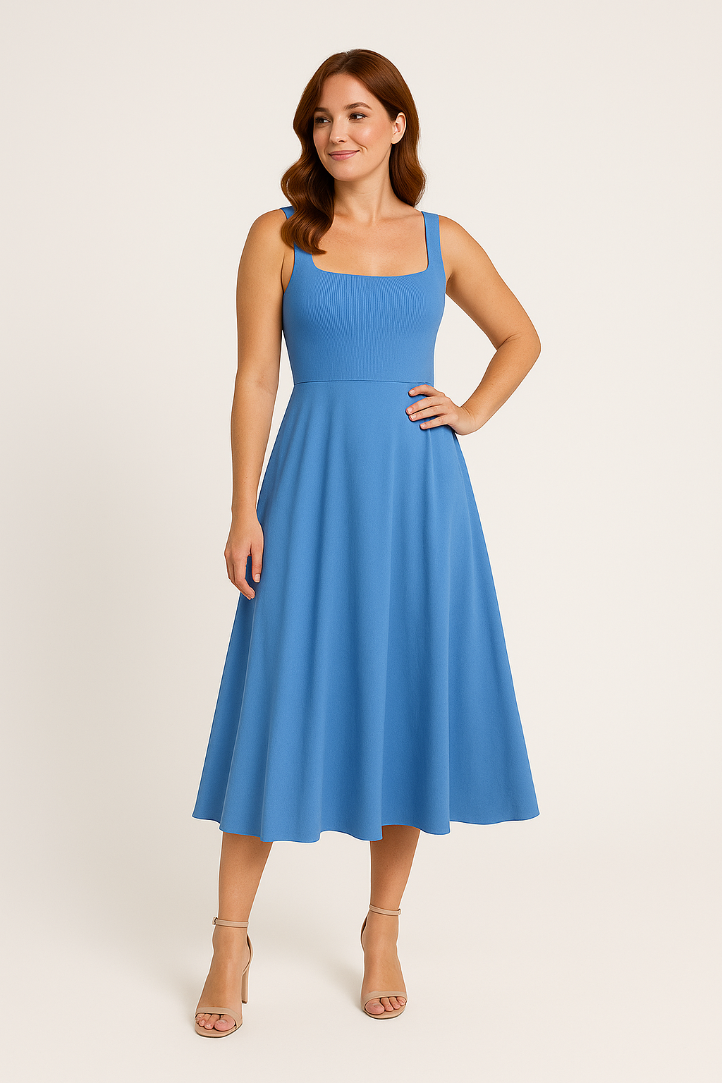 Midi Dress – Women'S A-Line Midi Dress – Square Neck – Sleeveless – Fitted