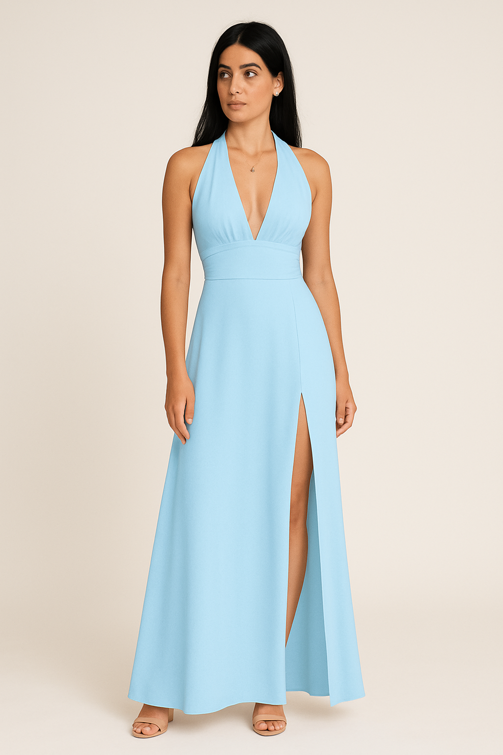Halter Neck Maxi Dress – Flowing Backless High-Slit Evening Gown for Women