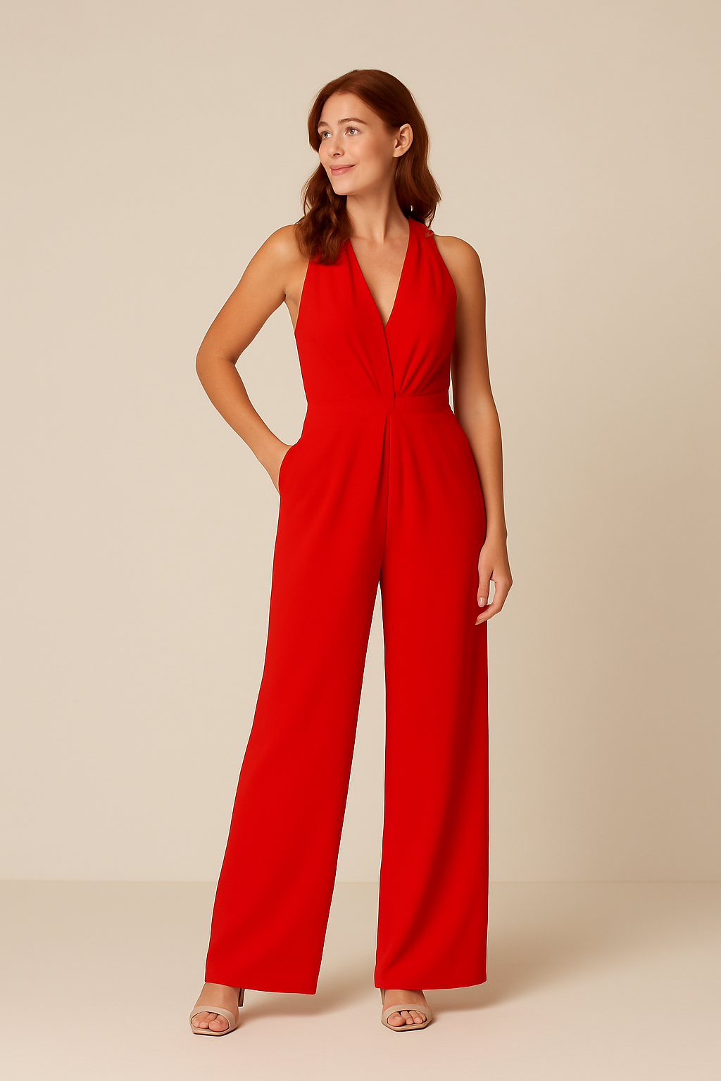 Ashford | Womens Sleeveless Jumpsuit Deep V Neck Wide Leg Elegant Fit