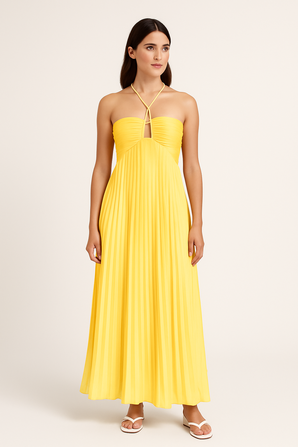Halter Neck Maxi Dress – Pleated Skirt and Bust Cut-Out for Women