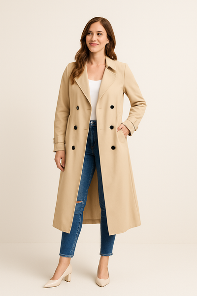 Long Double-Breasted Trench Coat with Wide Lapel – Tailored Fit