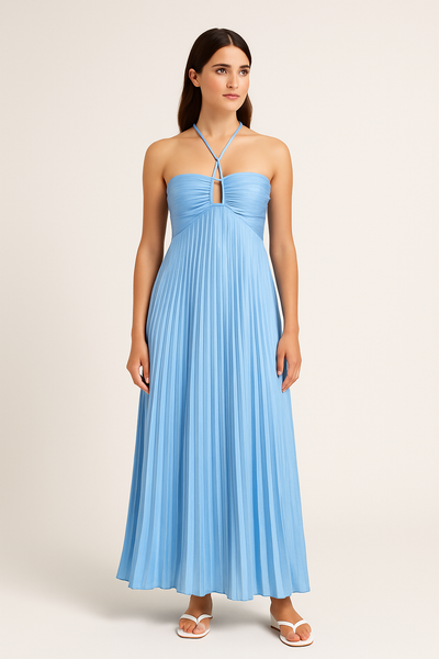 Halter Neck Maxi Dress – Pleated Skirt and Bust Cut-Out for Women