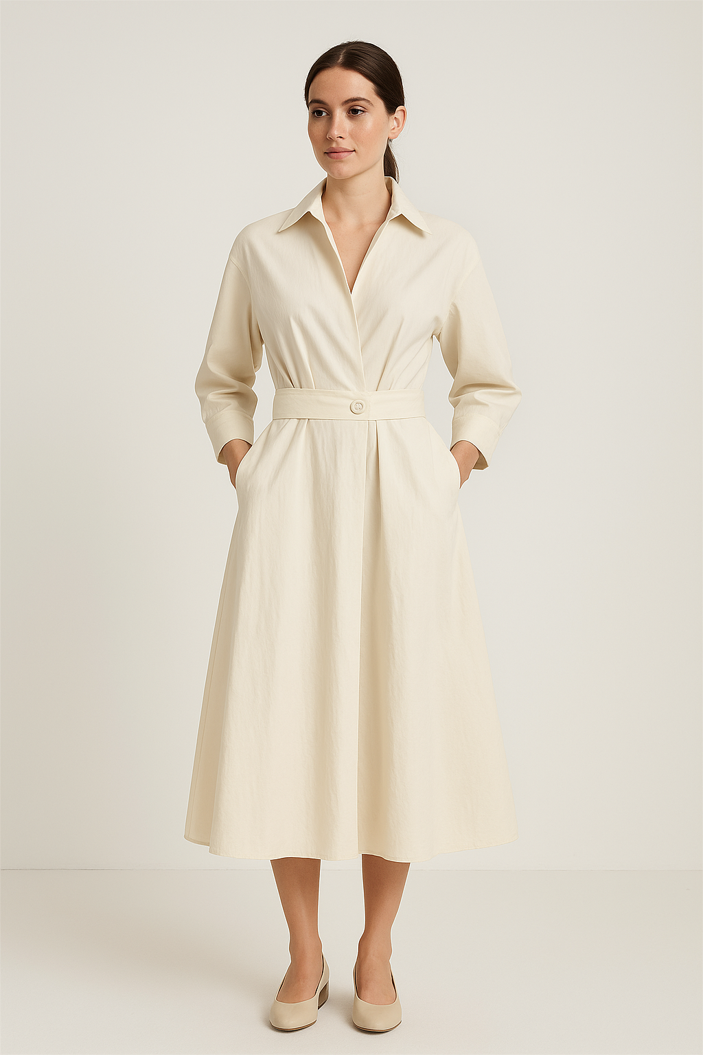 Cotton Blend Shirt Dress – Button-Front Long Sleeve Cinched Waist Dress for Women