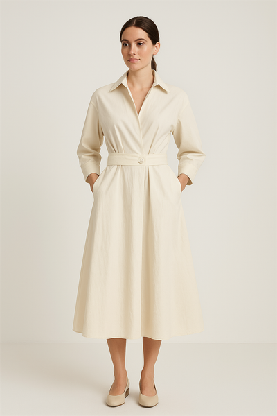 Cotton Blend Shirt Dress – Button-Front Long Sleeve Cinched Waist Dress for Women