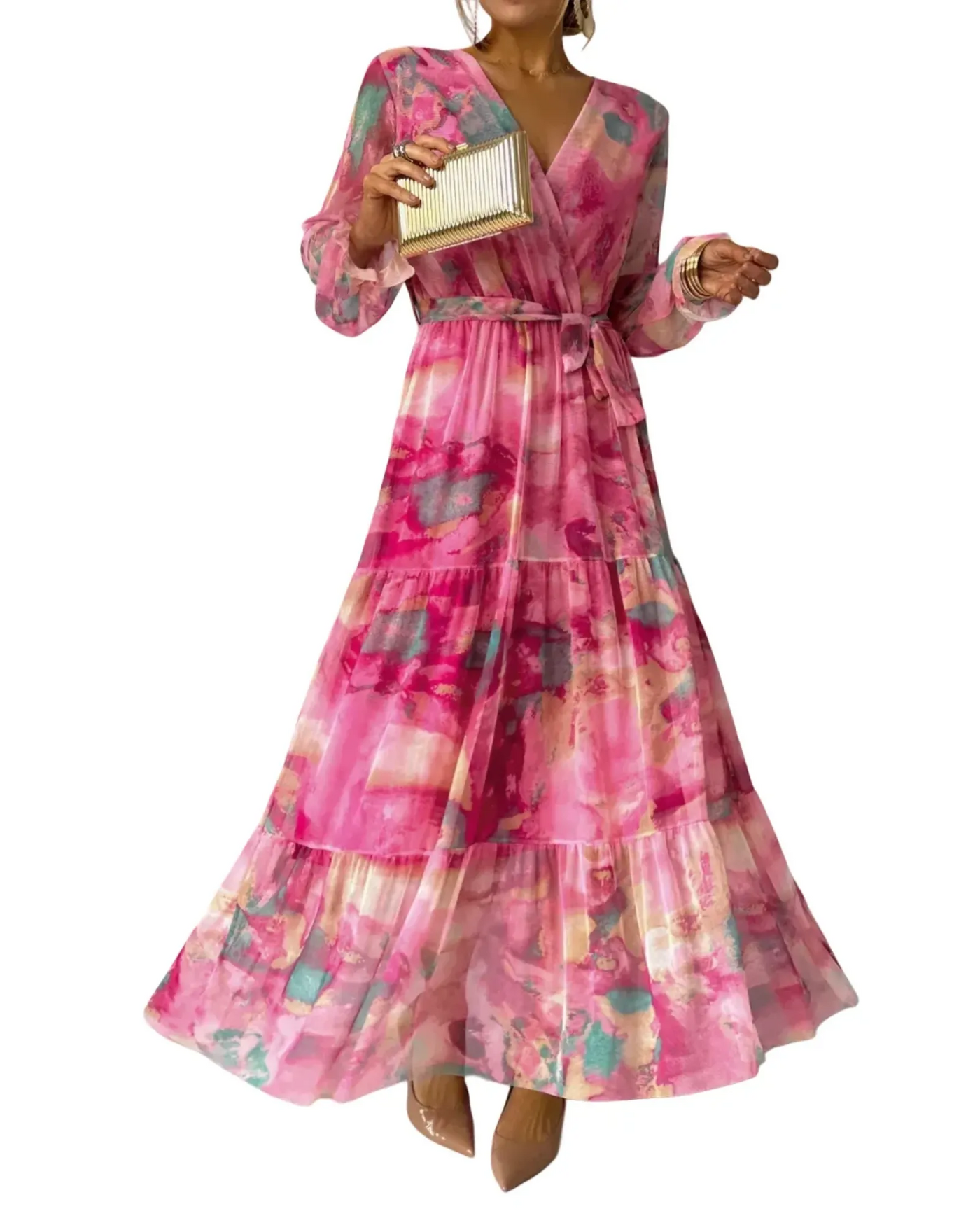 Maxi Floral Dress – Women'S Floral Maxi Dress – Long Sleeve – Belted Waist