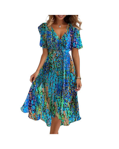 Midi Floral Dress – Women'S Blue Floral Wrap Midi Dress – Short Sleeve V-Neck