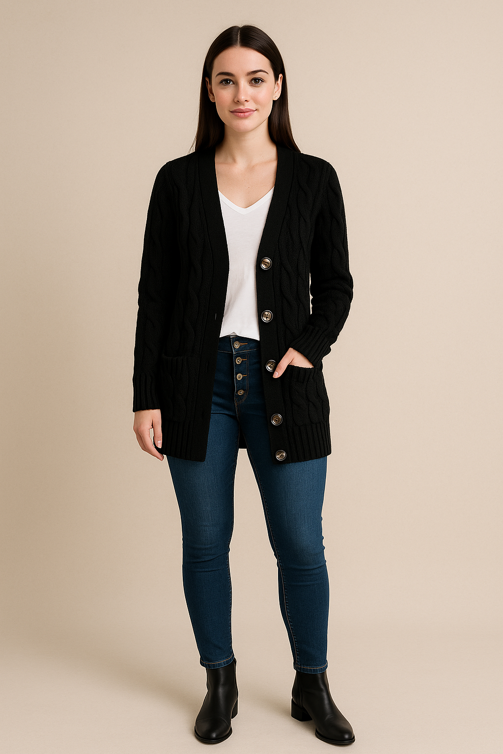 Ashford | Ailani – Women’s Chunky Cable Knit Wool Blend Cardigan with Button Front