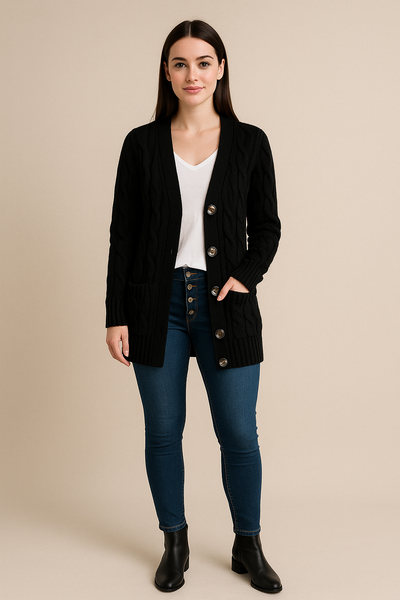 Ashford | Ailani – Women’s Chunky Cable Knit Wool Blend Cardigan with Button Front