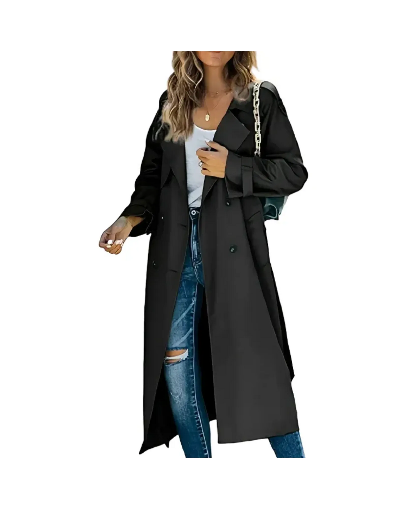 Long Double-Breasted Trench Coat with Wide Lapel – Tailored Fit