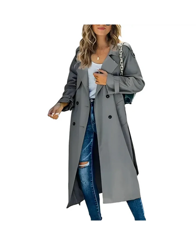 Long Double-Breasted Trench Coat with Wide Lapel – Tailored Fit