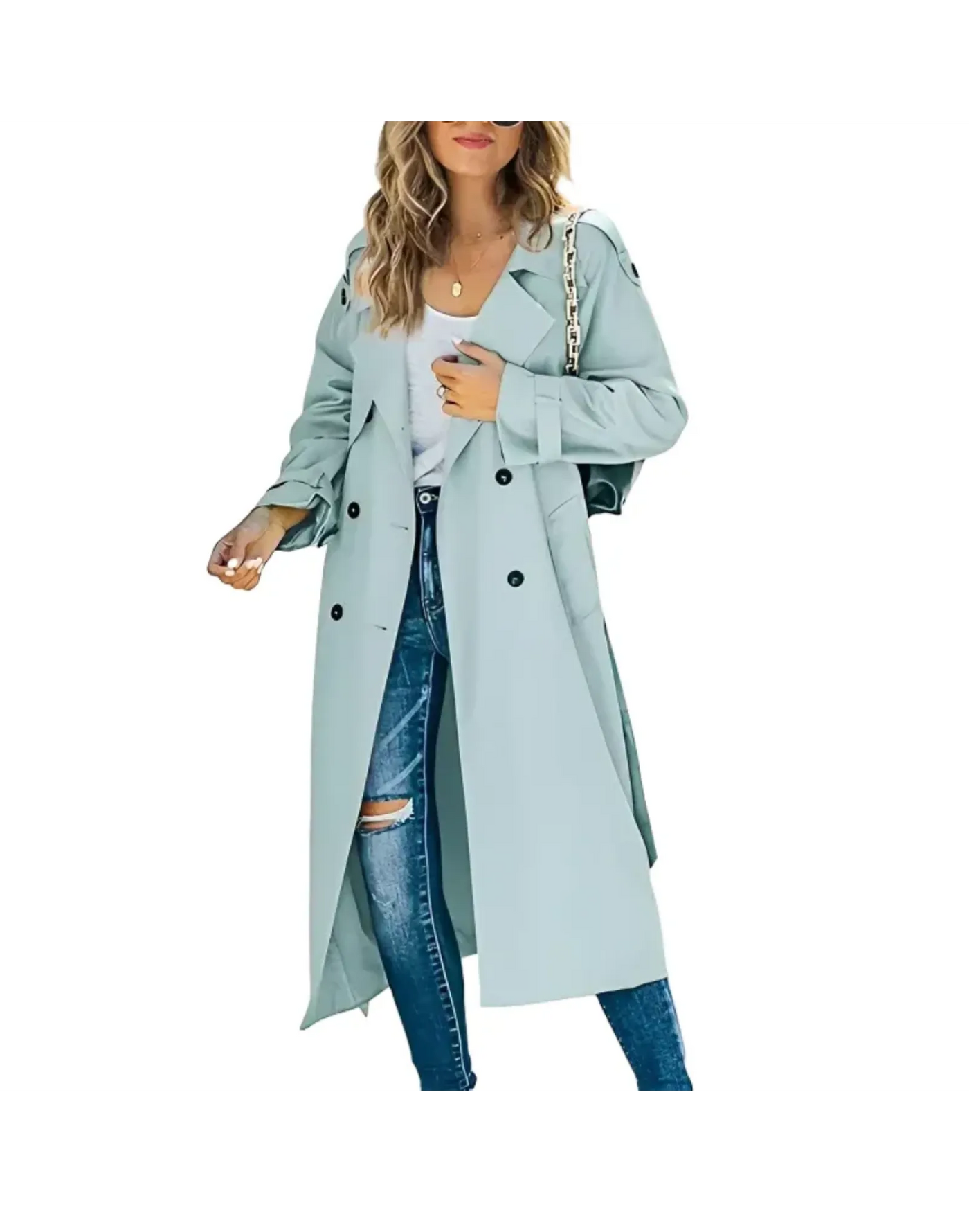 Long Double-Breasted Trench Coat with Wide Lapel – Tailored Fit