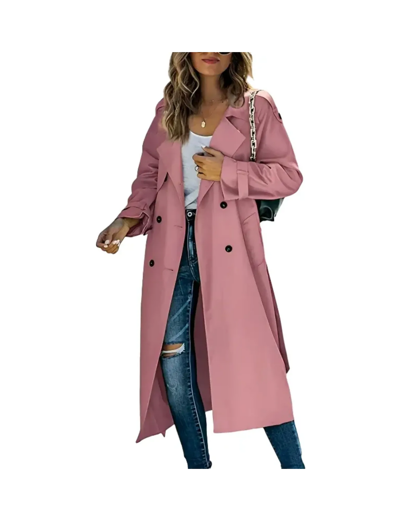 Long Double-Breasted Trench Coat with Wide Lapel – Tailored Fit