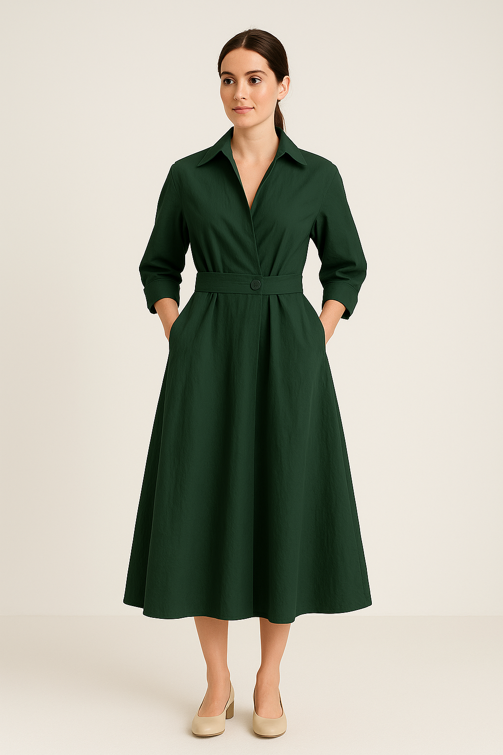 Cotton Blend Shirt Dress – Button-Front Long Sleeve Cinched Waist Dress for Women
