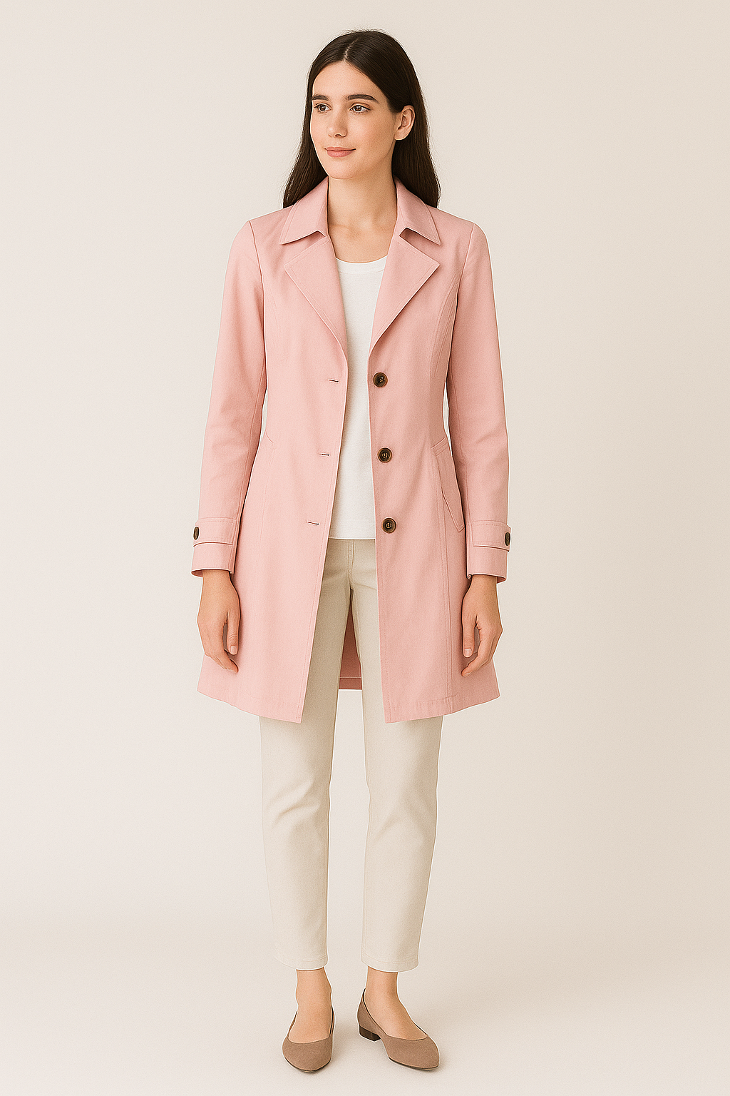 Single-Breasted Trench Coat with Notched Lapel – Knee Length
