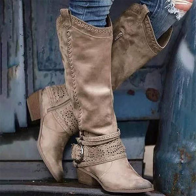 Ashford | Aisling – Women’s Tall Boots with Embroidered Shaft & Buckle Strap – Suede - Like Finish - Ashford London Clothing