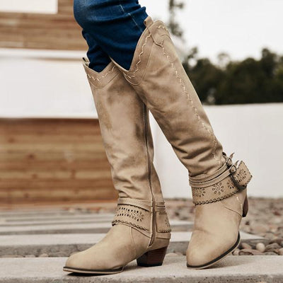 Ashford | Aisling – Women’s Tall Boots with Embroidered Shaft & Buckle Strap – Suede - Like Finish - Ashford London Clothing