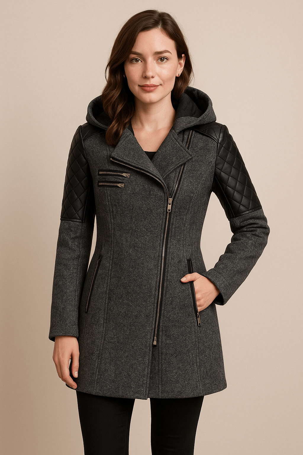 Ashford | Annabel – Women’s Tailored Jacket with Quilted Sleeves & Asymmetrical Zip Hooded Design - Ashford London Clothing