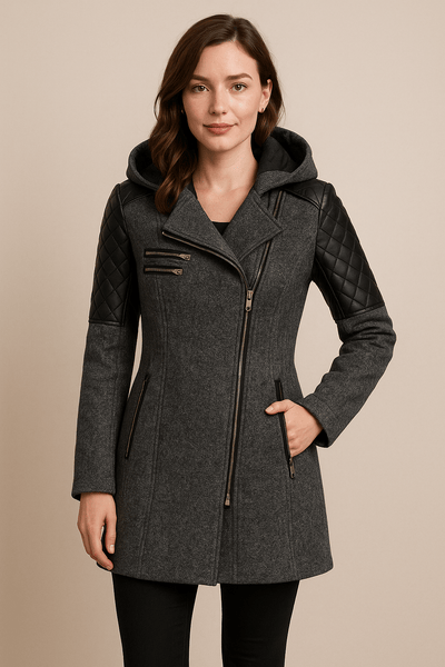 Ashford | Annabel – Women’s Tailored Jacket with Quilted Sleeves & Asymmetrical Zip Hooded Design - Ashford London Clothing