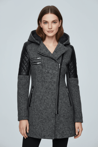 Ashford | Annabel – Women’s Tailored Jacket with Quilted Sleeves & Asymmetrical Zip Hooded Design - Ashford London Clothing