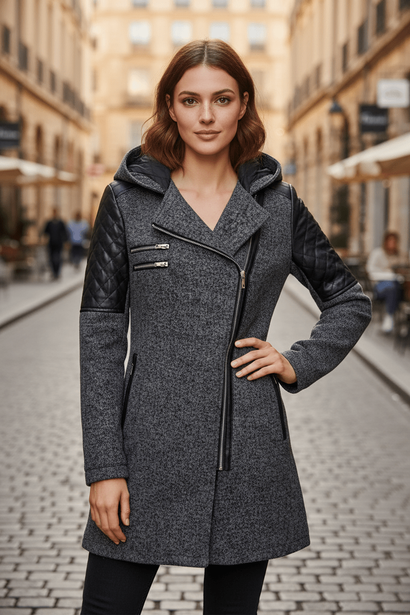 Ashford | Annabel – Women’s Tailored Jacket with Quilted Sleeves & Asymmetrical Zip Hooded Design - Ashford London Clothing