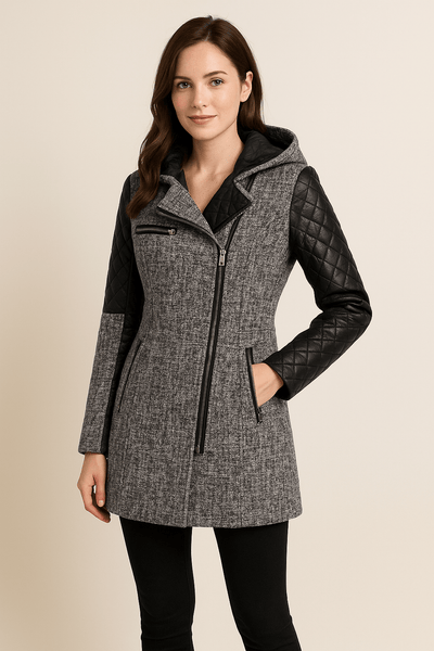 Ashford | Annabel – Women’s Tailored Jacket with Quilted Sleeves & Asymmetrical Zip Hooded Design - Ashford London Clothing
