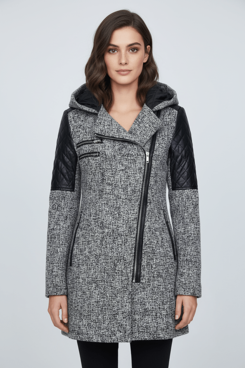 Ashford | Annabel – Women’s Tailored Jacket with Quilted Sleeves & Asymmetrical Zip Hooded Design - Ashford London Clothing