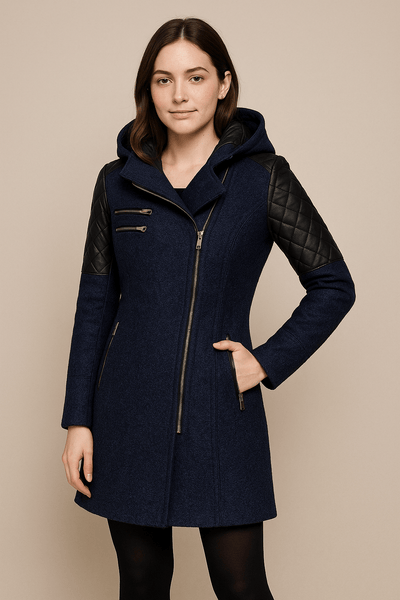 Ashford | Annabel – Women’s Tailored Jacket with Quilted Sleeves & Asymmetrical Zip Hooded Design - Ashford London Clothing