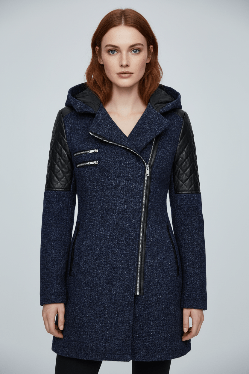 Ashford | Annabel – Women’s Tailored Jacket with Quilted Sleeves & Asymmetrical Zip Hooded Design - Ashford London Clothing