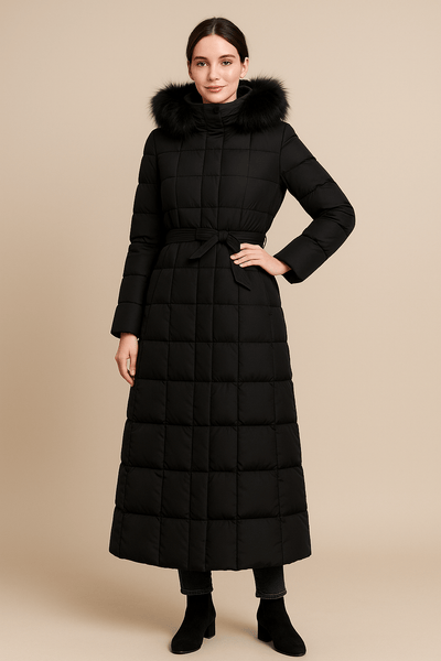 Ashford | Arlene – Women’s Long Quilted Coat with Belted Waist and Fur Trim Hood - Ashford London Clothing