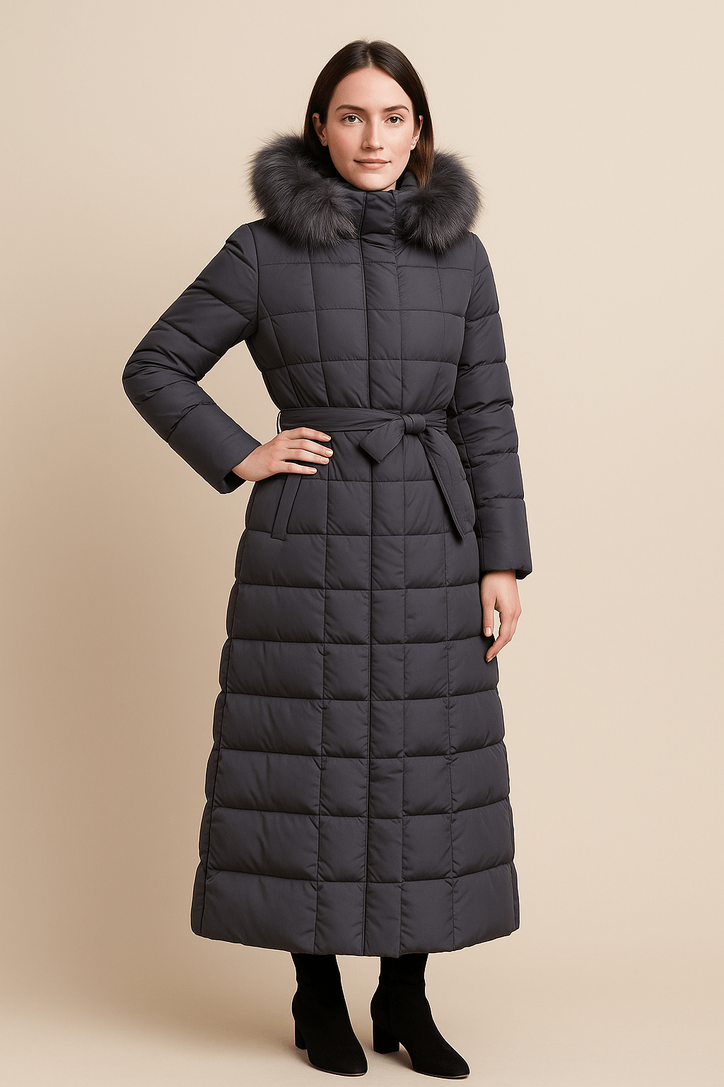 Ashford | Arlene – Women’s Long Quilted Coat with Belted Waist and Fur Trim Hood - Ashford London Clothing