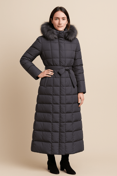 Ashford | Arlene – Women’s Long Quilted Coat with Belted Waist and Fur Trim Hood - Ashford London Clothing