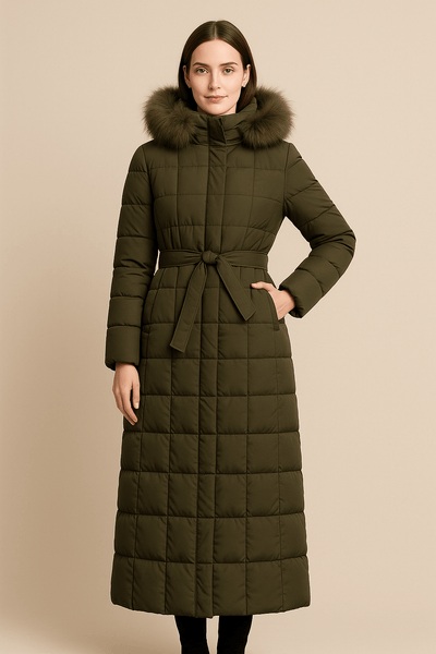 Ashford | Arlene – Women’s Long Quilted Coat with Belted Waist and Fur Trim Hood - Ashford London Clothing