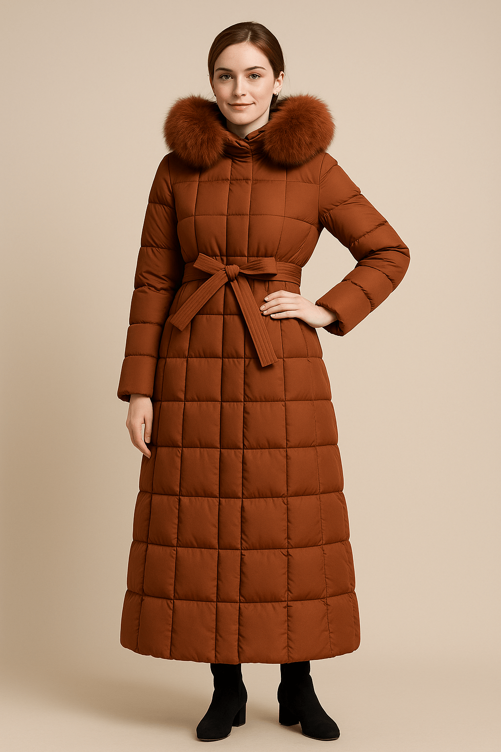 Ashford | Arlene – Women’s Long Quilted Coat with Belted Waist and Fur Trim Hood - Ashford London Clothing