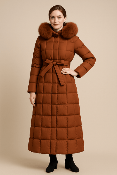 Ashford | Arlene – Women’s Long Quilted Coat with Belted Waist and Fur Trim Hood - Ashford London Clothing