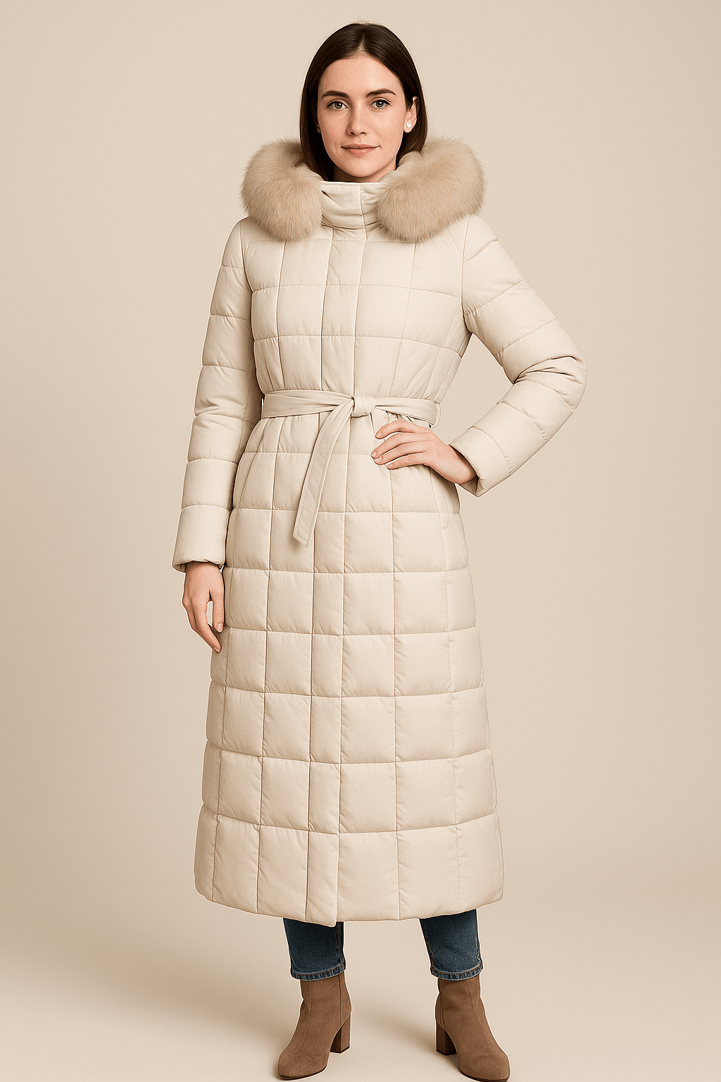 Ashford | Arlene – Women’s Long Quilted Coat with Belted Waist and Fur Trim Hood - Ashford London Clothing