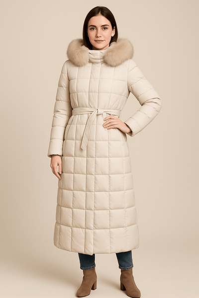Ashford | Arlene – Women’s Long Quilted Coat with Belted Waist and Fur Trim Hood - Ashford London Clothing
