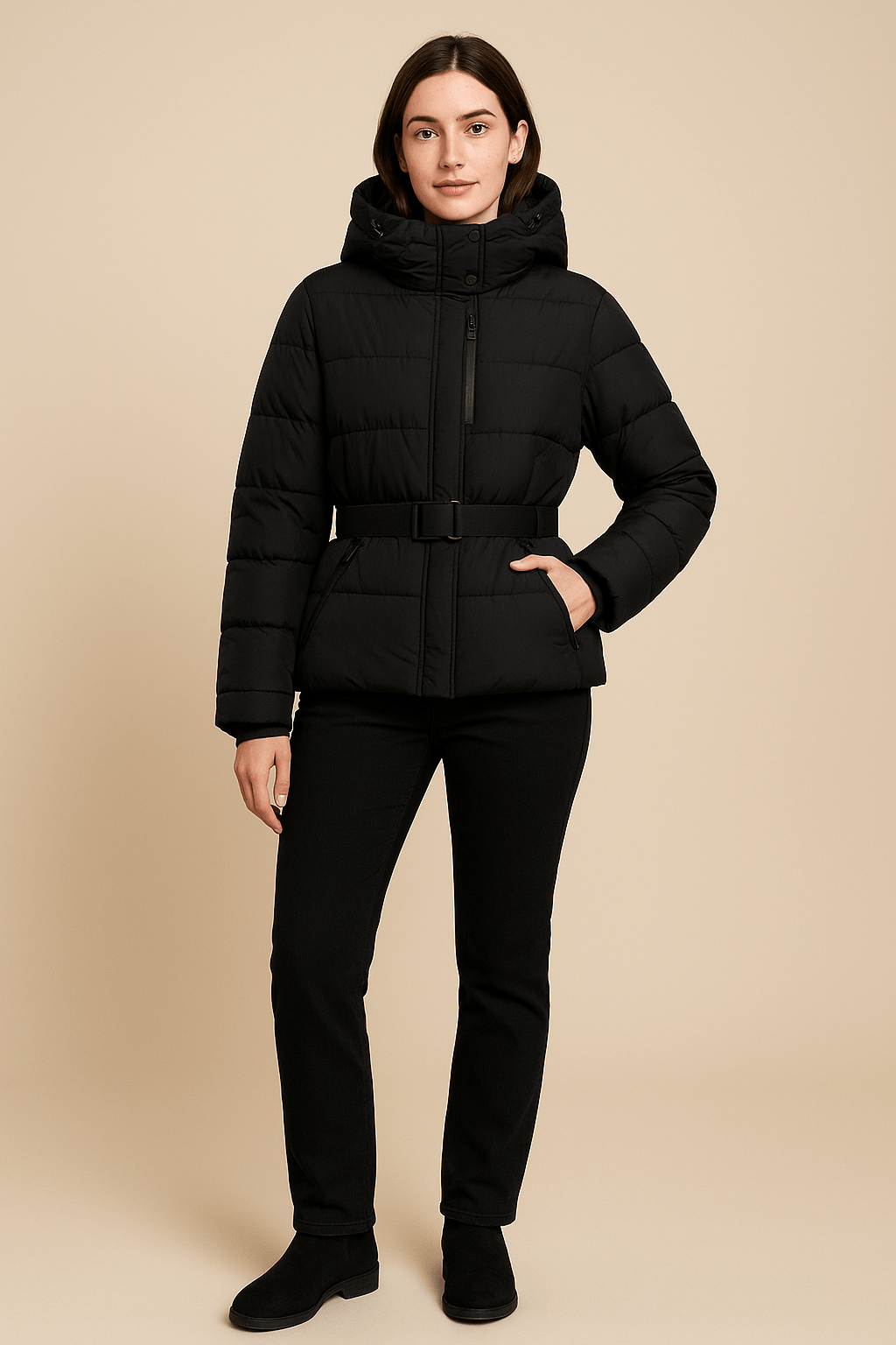Ashford | Aurora – Women’s Quilted Insulated Puffer Jacket with Belted Waist & Hooded High Collar - Ashford London Clothing