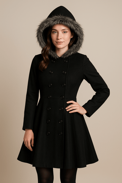 Ashford | Barbra – Women’s Double - Breasted Winter Coat with Fur Hood - Ashford London Clothing