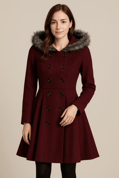 Ashford | Barbra – Women’s Double - Breasted Winter Coat with Fur Hood - Ashford London Clothing