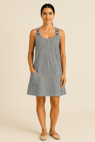 Ashford | Brianna Sleeveless Cotton Style Summer Dress with Pockets – Nautical Striped Design - Ashford London Clothing