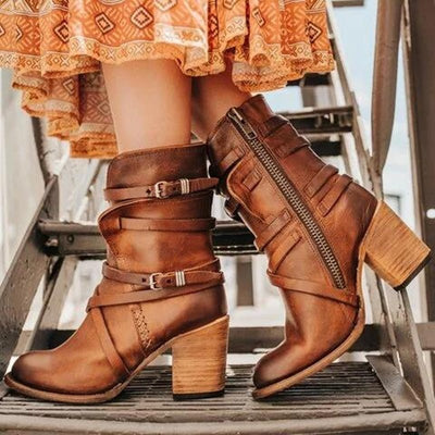 Ashford | Brienna – Women’s Distressed Leather Ankle Boots with Buckles & Chunky Heel - Ashford London Clothing