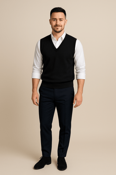 Ashford | Carl – Men’s Sleeveless V - Neck Fine Knit Sweater with Ribbed Trim - Ashford London Clothing