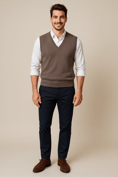 Ashford | Carl – Men’s Sleeveless V - Neck Fine Knit Sweater with Ribbed Trim - Ashford London Clothing