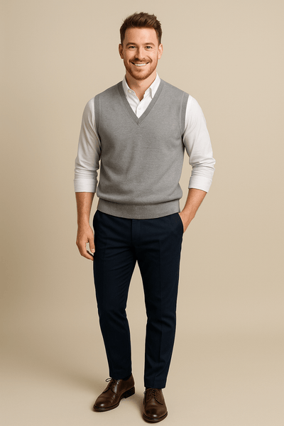 Ashford | Carl – Men’s Sleeveless V - Neck Fine Knit Sweater with Ribbed Trim - Ashford London Clothing