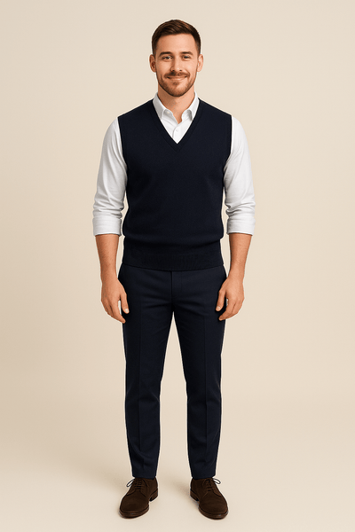 Ashford | Carl – Men’s Sleeveless V - Neck Fine Knit Sweater with Ribbed Trim - Ashford London Clothing