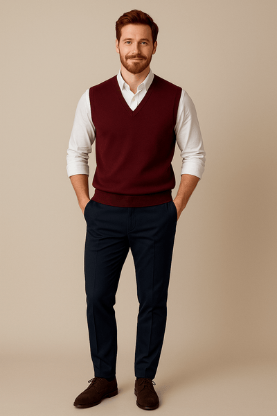 Ashford | Carl – Men’s Sleeveless V - Neck Fine Knit Sweater with Ribbed Trim - Ashford London Clothing