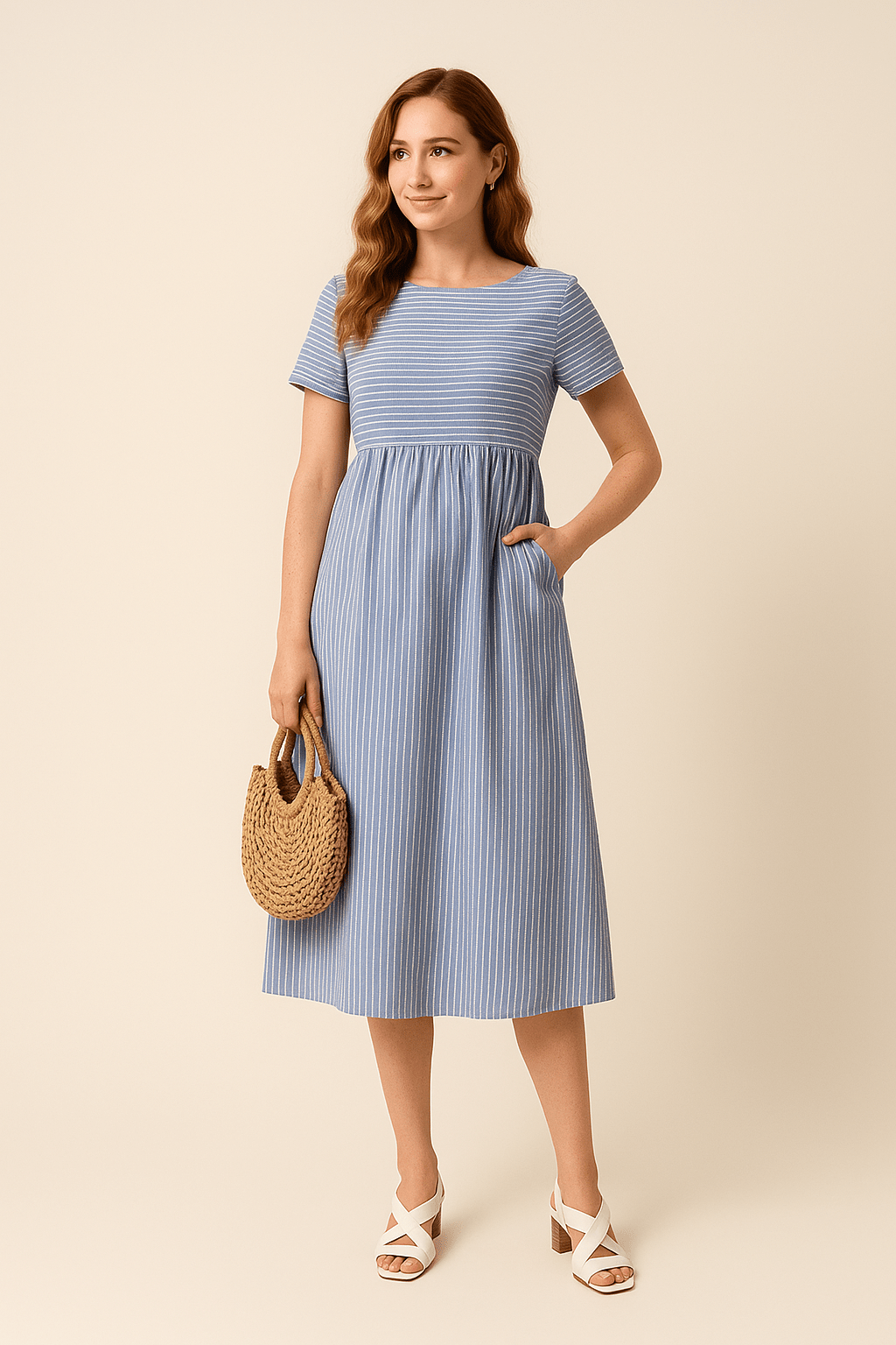 Ashford | Colleen Midi Nautical Cotton Style Dress with Scoop Neck – Pockets - Ashford London Clothing
